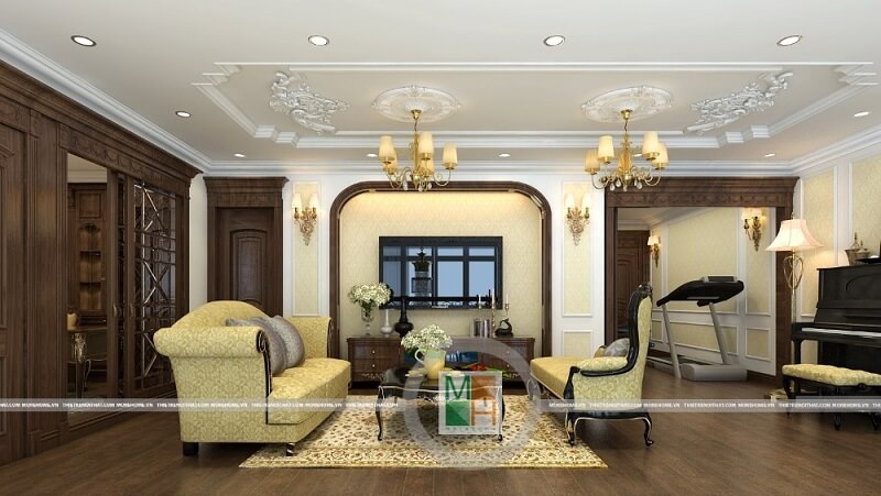 Mẫu thiết kế phòng khách chung cư đẹp với bộ sofa tân cổ điển màu vàng ánh kim ấn tượng cuốn hút mọi ánh nhìn Top các mẫu thiết kế phòng khách ưa chuộng nhất hiện nay
