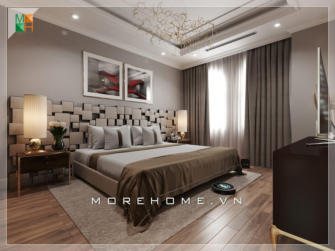 Mẫu giường ngủ khung gỗ, độc đáo với lối thiết kế lạ mắt đầu giường ngủ hiện đại tạo sự thu hút ánh nhìn. Mẫu nội thất chung cư hiện đại
